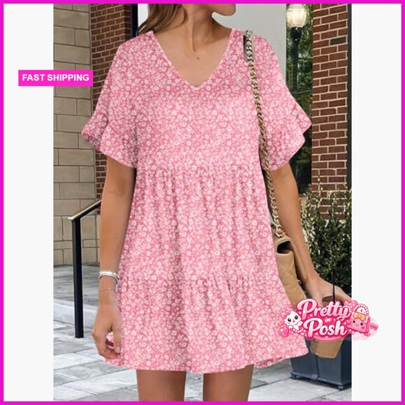 V Neck Ruffle Sleeve A Line Tiered Mini Dress with Pockets - Picture 6 of 7